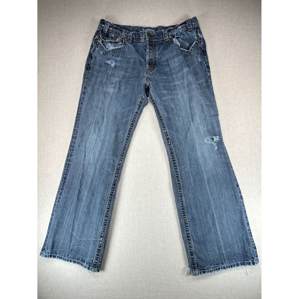 MEK Denim Mazatlan Jeans Mens 40 Blue Bootcut Distressed Embroidered Button Fly - Picture 2 of 16